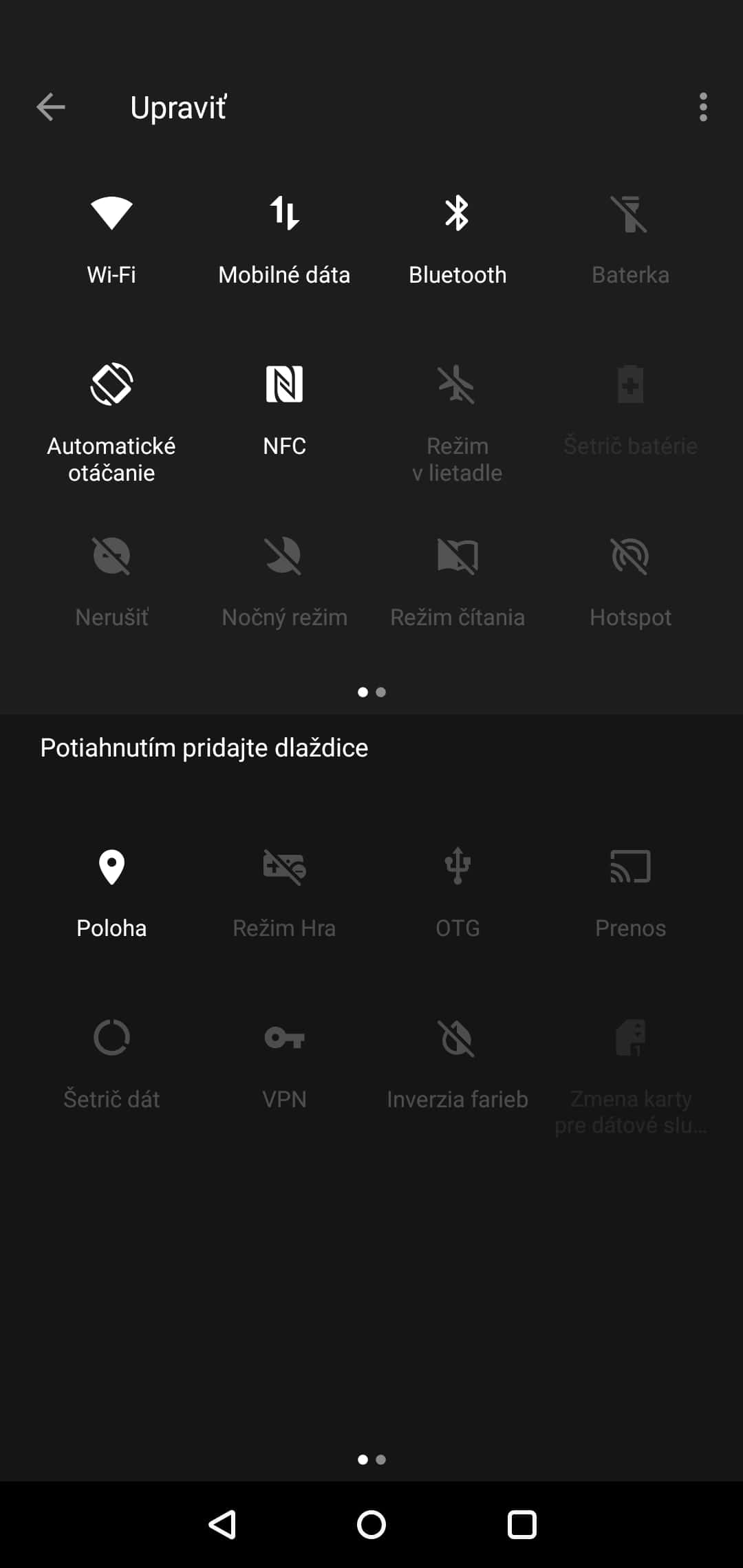 Snímok obrazovky z rýchlych nastavení na OnePlus 6.